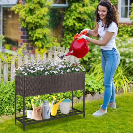 Wicker Raised Garden Bed with Storage Shelf and Drainage Gaps for Flowers - Brown - Raised Garden Beds
