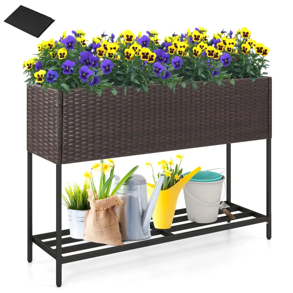 Wicker Raised Garden Bed with Storage Shelf and Drainage Gaps for Flowers - Brown - Raised Garden Beds