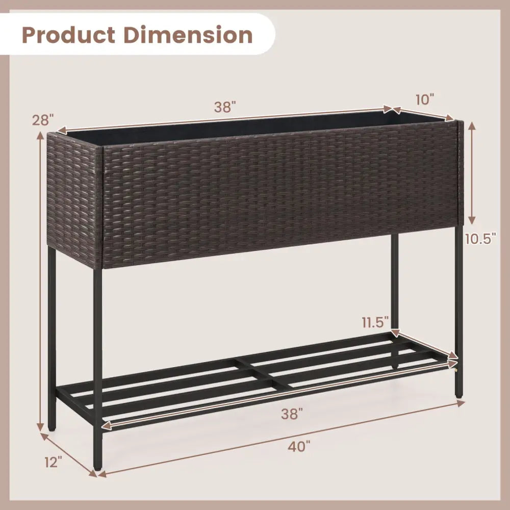 Wicker Raised Garden Bed with Storage Shelf and Drainage Gaps for Flowers - Brown - Raised Garden Beds