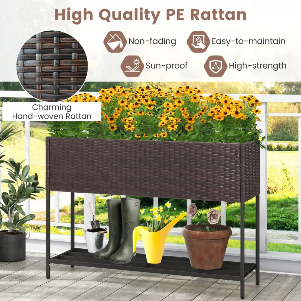Wicker Raised Garden Bed with Storage Shelf and Drainage Gaps for Flowers - Brown - Raised Garden Beds