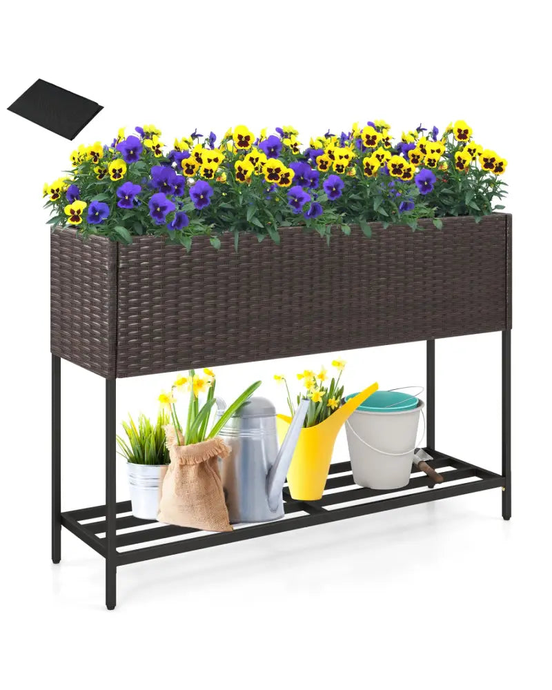 Wicker Raised Garden Bed with Storage Shelf and Drainage Gaps for Flowers - Brown - Raised Garden Beds