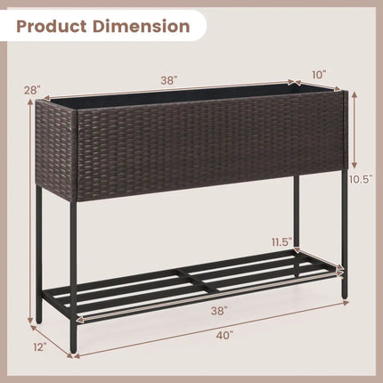 Wicker Raised Garden Bed with Storage Shelf and Drainage Gaps for Flowers - Brown - Raised Garden Beds