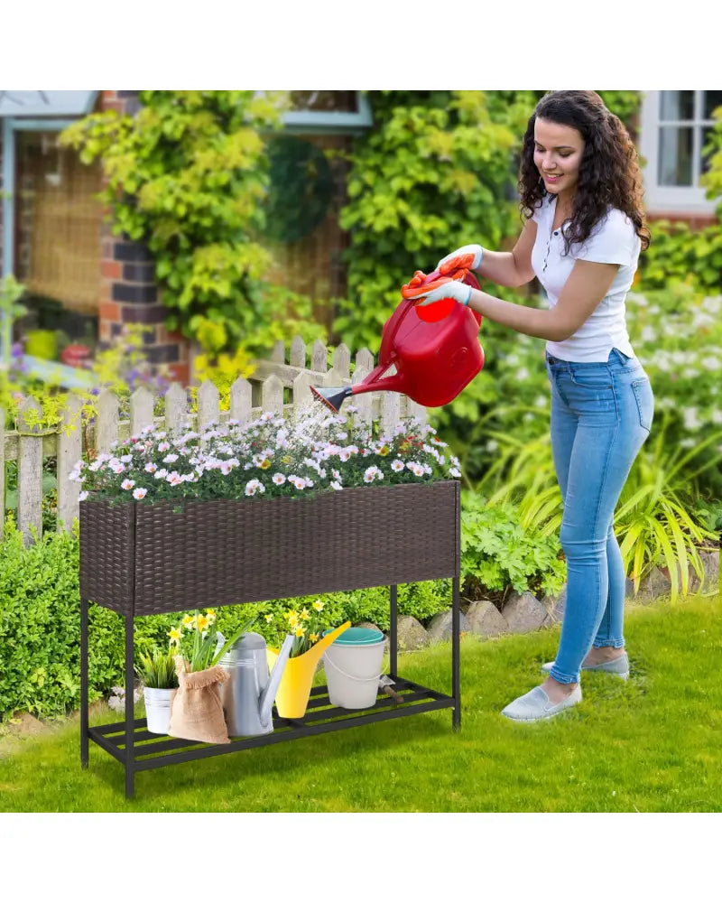 Wicker Raised Garden Bed with Storage Shelf and Drainage Gaps for Flowers - Brown - Raised Garden Beds