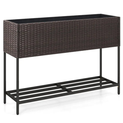 Wicker Raised Garden Bed with Storage Shelf and Drainage Gaps for Flowers - Brown - Raised Garden Beds