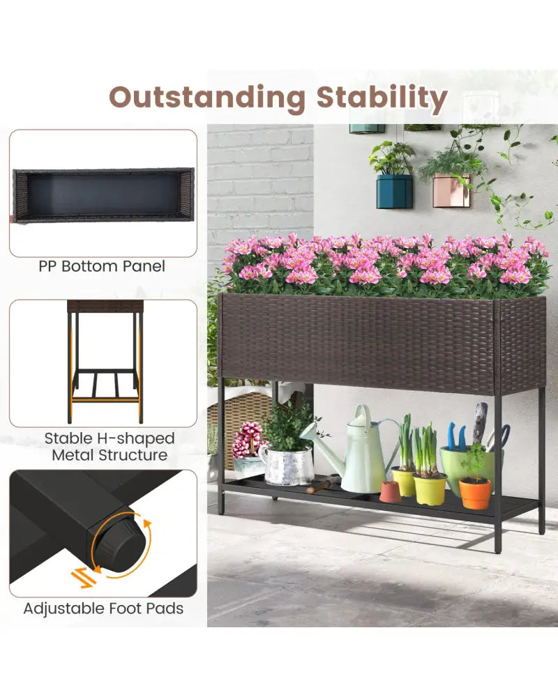 Wicker Raised Garden Bed with Storage Shelf and Drainage Gaps for Flowers - Brown - Raised Garden Beds