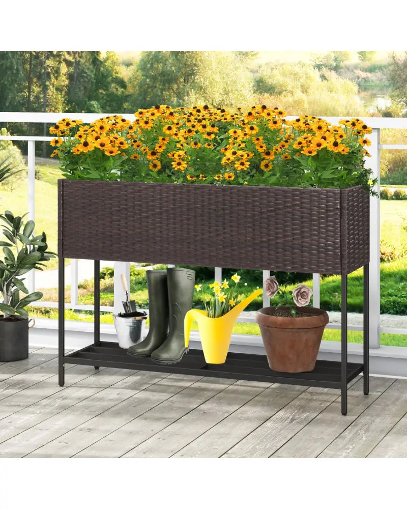 Wicker Raised Garden Bed with Storage Shelf and Drainage Gaps for Flowers - Brown - Raised Garden Beds