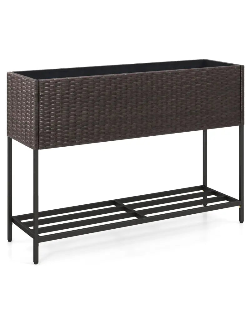 Wicker Raised Garden Bed with Storage Shelf and Drainage Gaps for Flowers - Brown - Raised Garden Beds