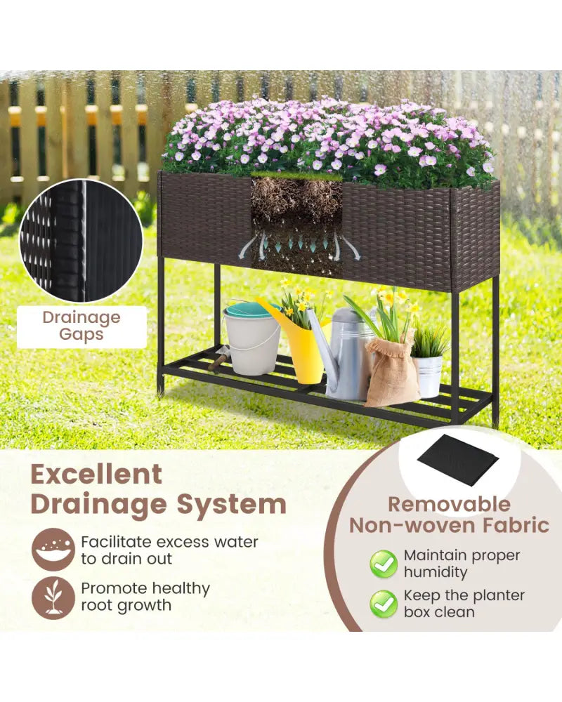 Wicker Raised Garden Bed with Storage Shelf and Drainage Gaps for Flowers - Brown - Raised Garden Beds