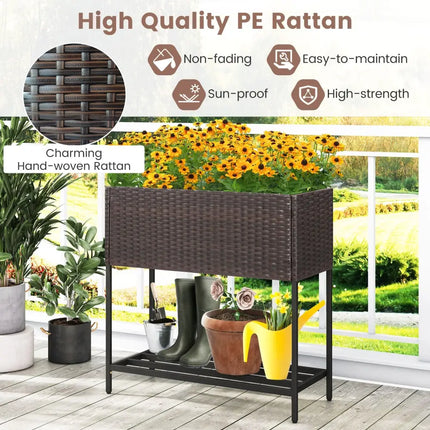 Wicker Raised Garden Bed with Storage Shelf and Removable Liner for Flowers - Brown - Raised Garden Beds