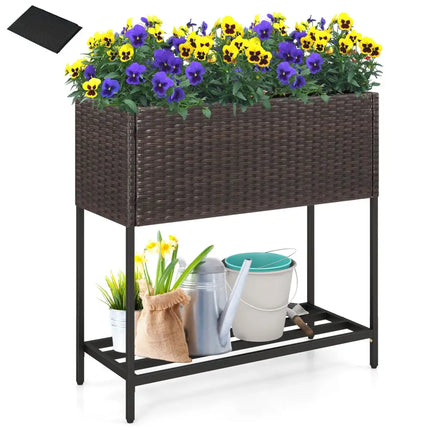 Wicker Raised Garden Bed with Storage Shelf and Removable Liner for Flowers - Brown - Raised Garden Beds