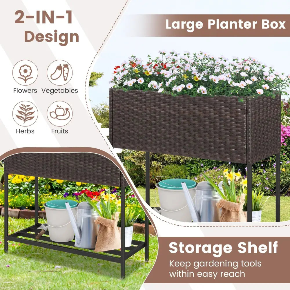 Wicker Raised Garden Bed with Storage Shelf and Removable Liner for Flowers - Brown - Raised Garden Beds
