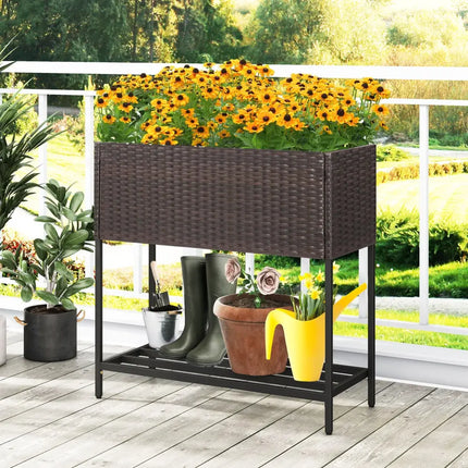 Wicker Raised Garden Bed with Storage Shelf and Removable Liner for Flowers - Brown - Raised Garden Beds