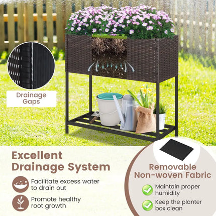 Wicker Raised Garden Bed with Storage Shelf and Removable Liner for Flowers - Brown - Raised Garden Beds
