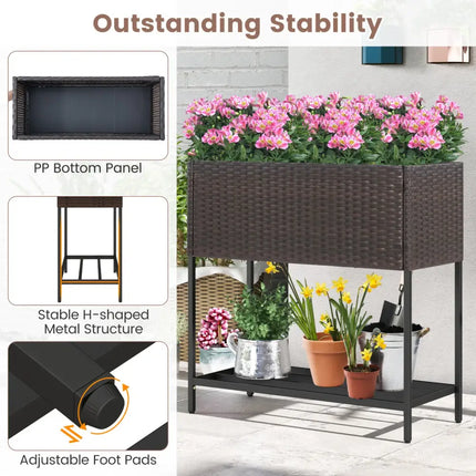 Wicker Raised Garden Bed with Storage Shelf and Removable Liner for Flowers - Brown - Raised Garden Beds
