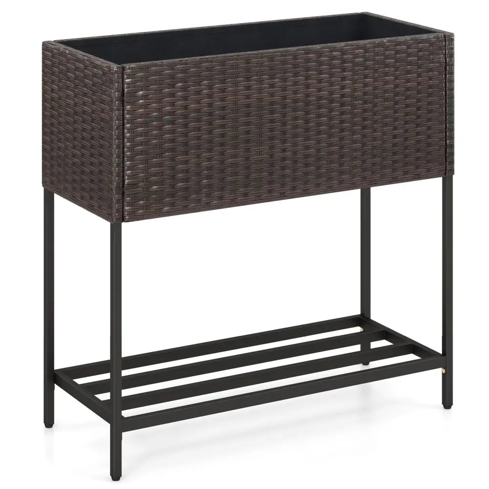 Wicker Raised Garden Bed with Storage Shelf and Removable Liner for Flowers - Brown - Raised Garden Beds