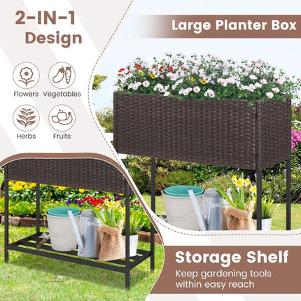 Wicker Raised Garden Bed with Storage Shelf and Removable Liner for Flowers - Brown - Raised Garden Beds