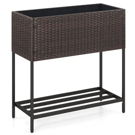 Wicker Raised Garden Bed with Storage Shelf and Removable Liner for Flowers - Brown - Raised Garden Beds