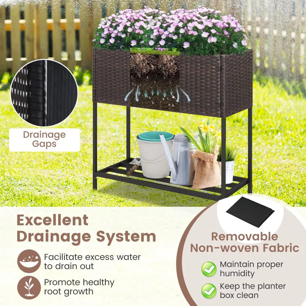 Wicker Raised Garden Bed with Storage Shelf and Removable Liner for Flowers - Brown - Raised Garden Beds