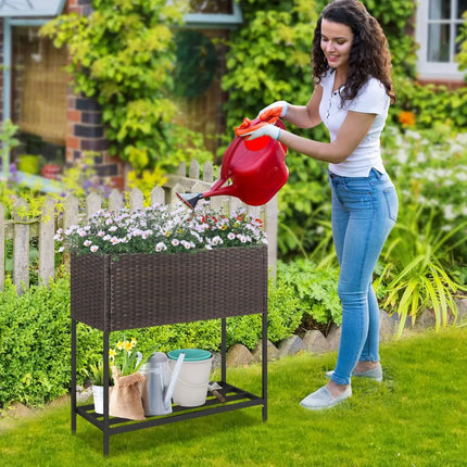 Wicker Raised Garden Bed with Storage Shelf and Removable Liner for Flowers - Brown - Raised Garden Beds