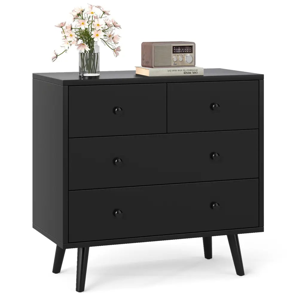 Wide Wooden Dresser with 4 Drawers for Bedroom Living Room-Black - Black - Dressers & Chests