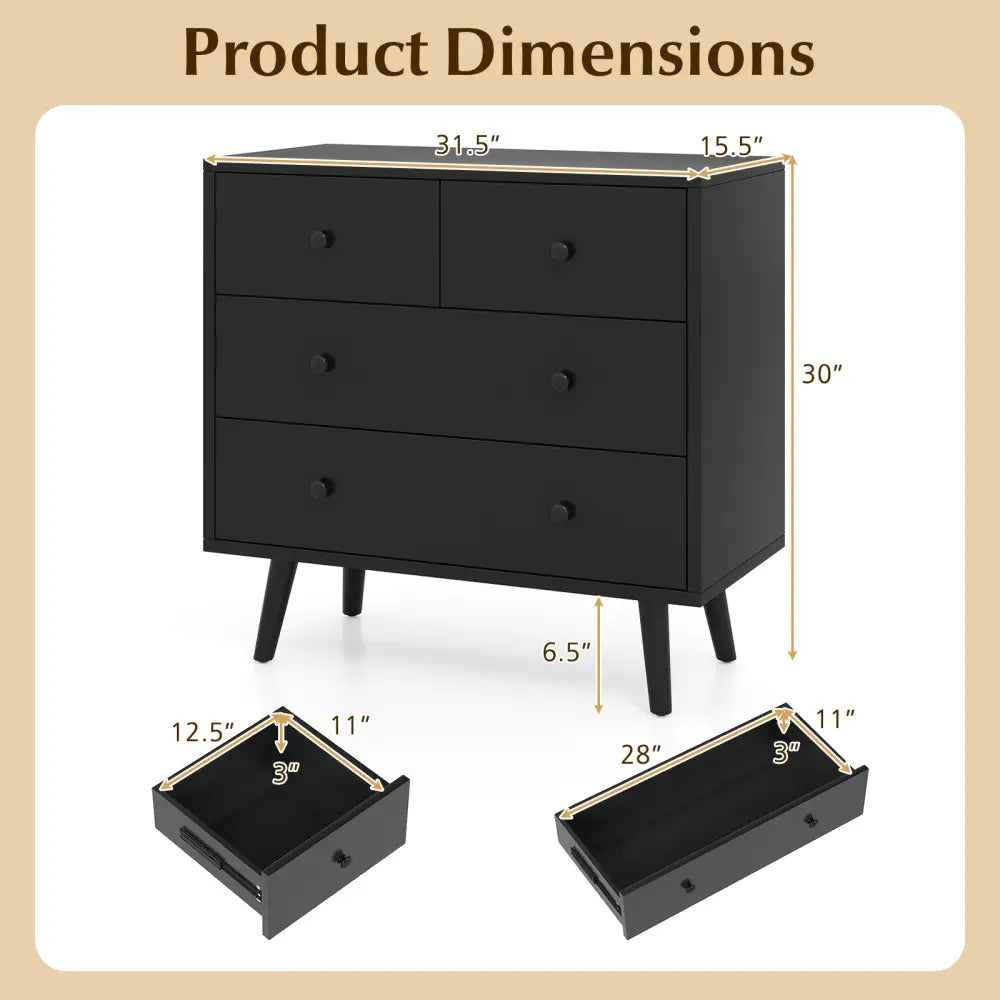 Wide Wooden Dresser with 4 Drawers for Bedroom Living Room-Black - Black - Dressers & Chests