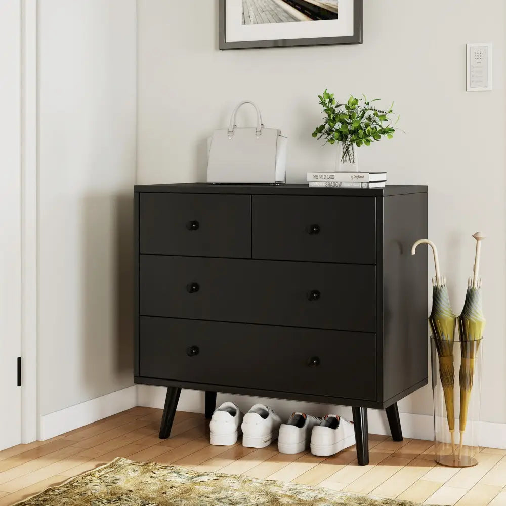 Wide Wooden Dresser with 4 Drawers for Bedroom Living Room-Black - Black - Dressers & Chests