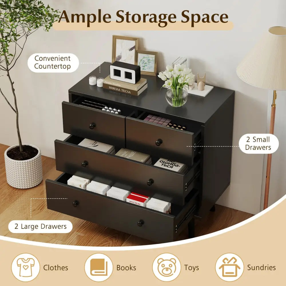 Wide Wooden Dresser with 4 Drawers for Bedroom Living Room-Black - Black - Dressers & Chests