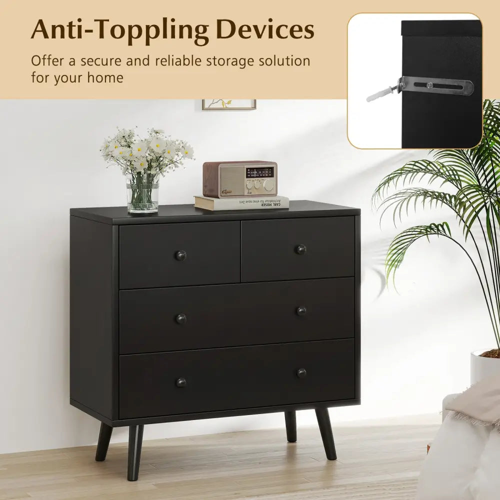 Wide Wooden Dresser with 4 Drawers for Bedroom Living Room-Black - Black - Dressers & Chests