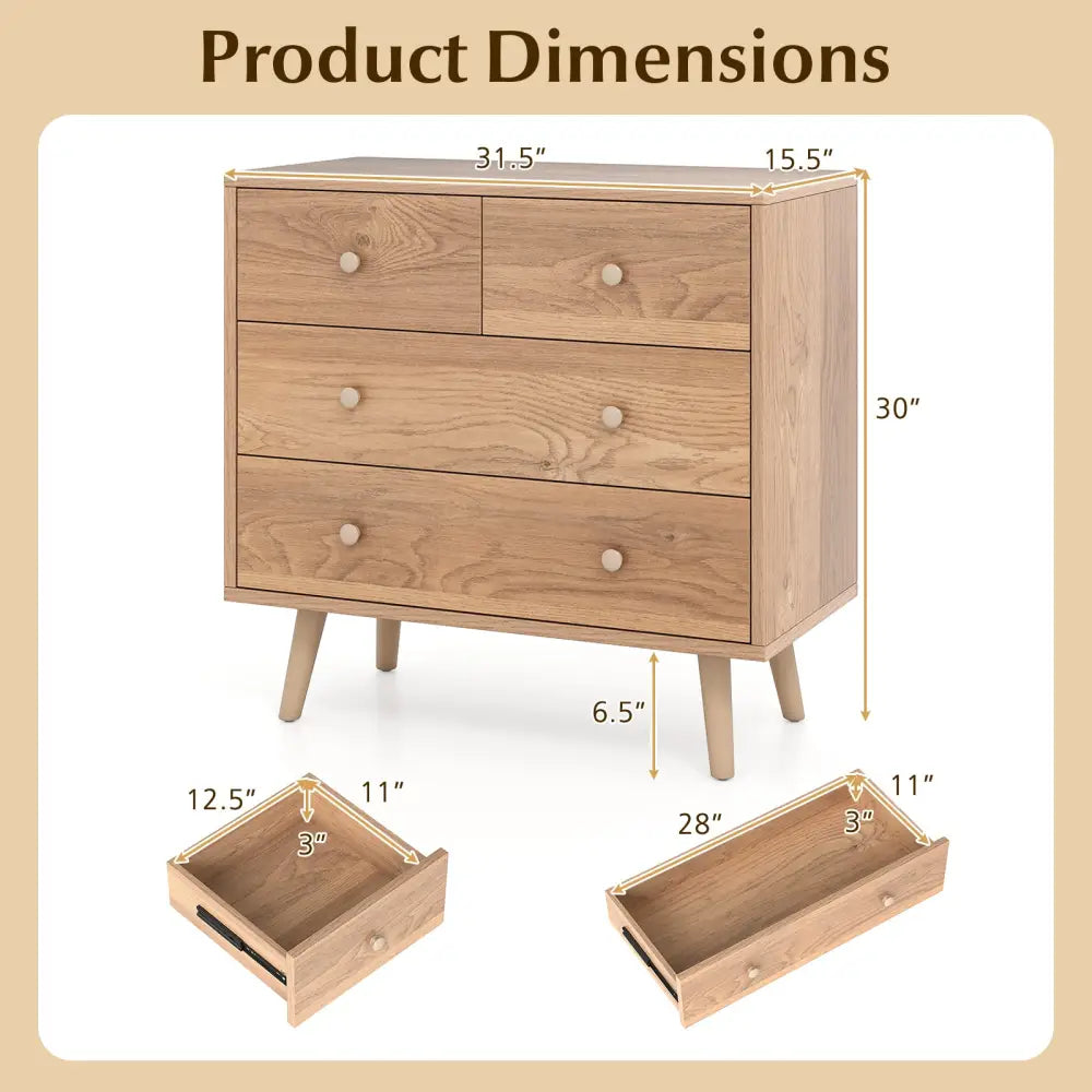 Wide Wooden Dresser with 4 Drawers for Bedroom Living Room-Natural - Natural - Dressers & Chests
