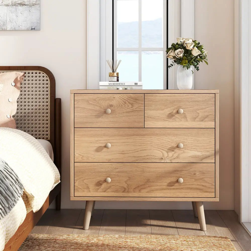 Wide Wooden Dresser with 4 Drawers for Bedroom Living Room-Natural - Natural - Dressers & Chests