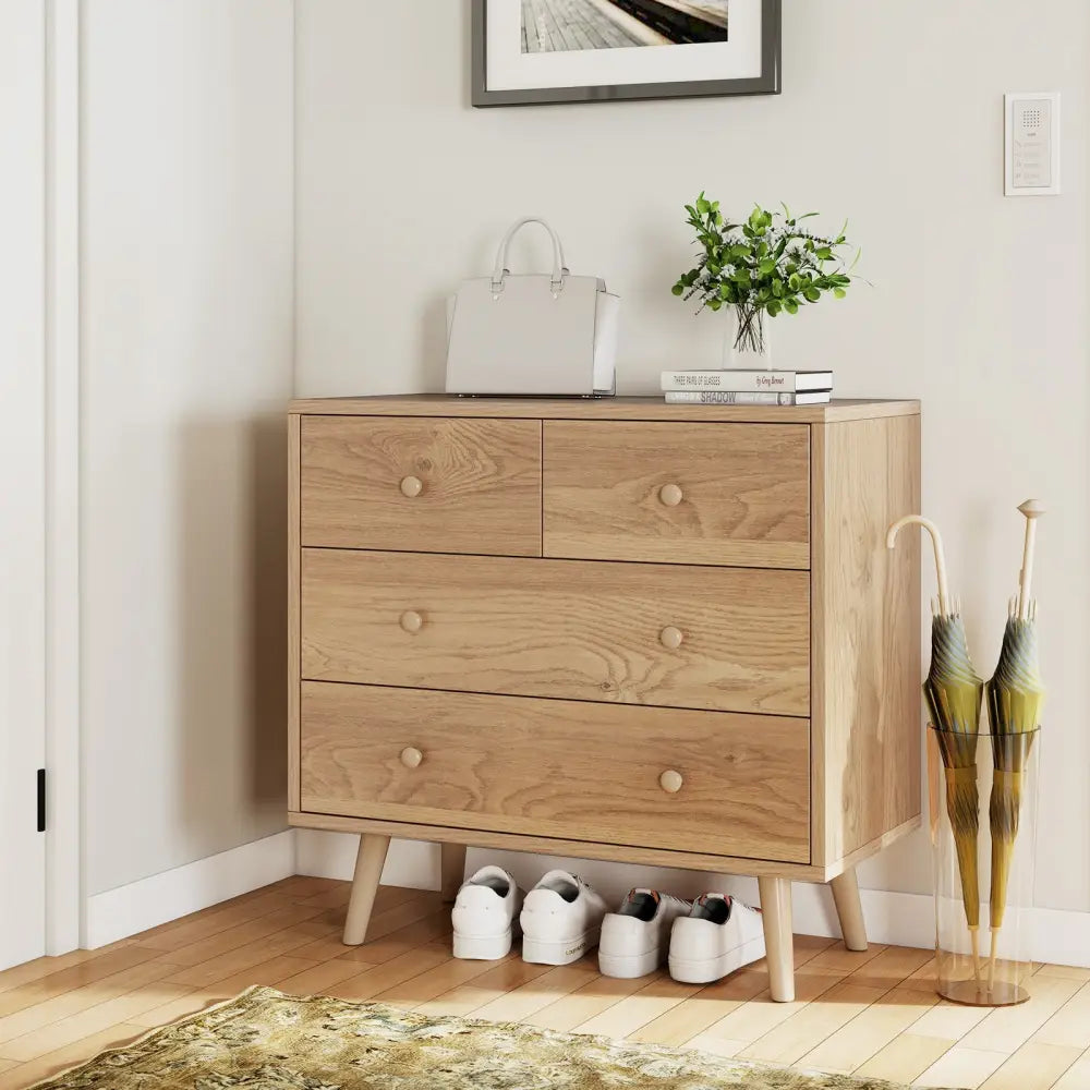 Wide Wooden Dresser with 4 Drawers for Bedroom Living Room-Natural - Natural - Dressers & Chests