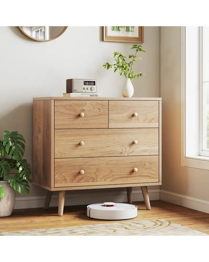 Wide Wooden Dresser with 4 Drawers for Bedroom Living Room-Natural - Natural - Dressers & Chests