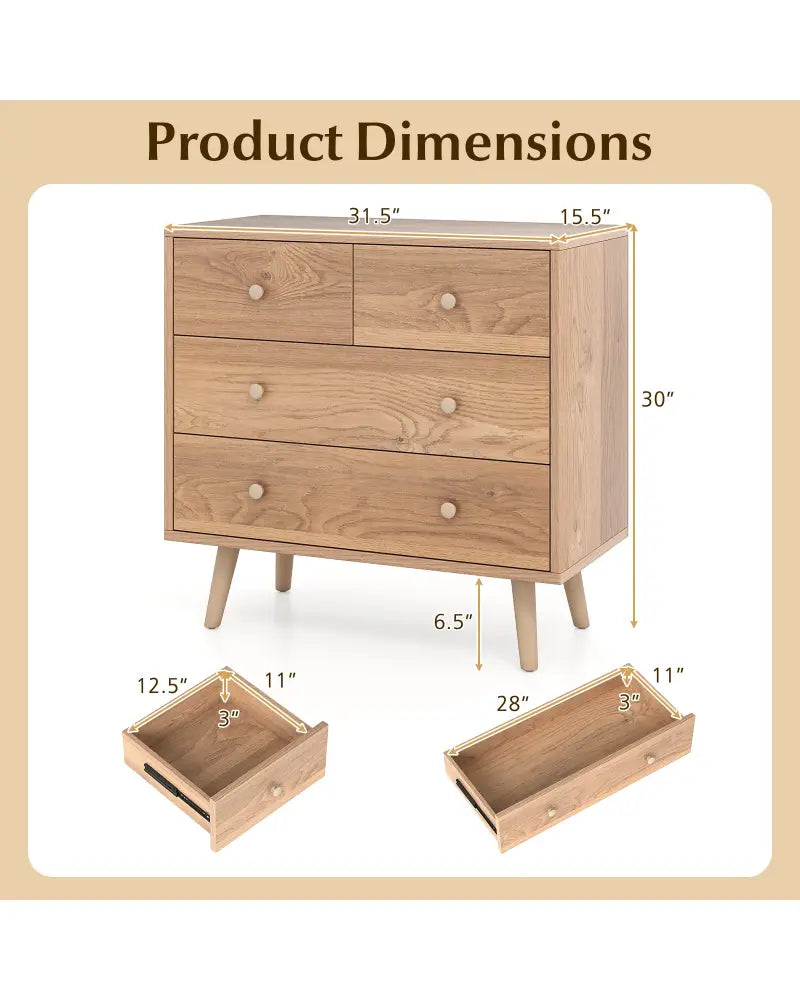 Wide Wooden Dresser with 4 Drawers for Bedroom Living Room-Natural - Natural - Dressers & Chests