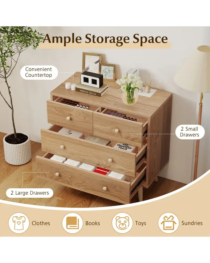 Wide Wooden Dresser with 4 Drawers for Bedroom Living Room-Natural - Natural - Dressers & Chests