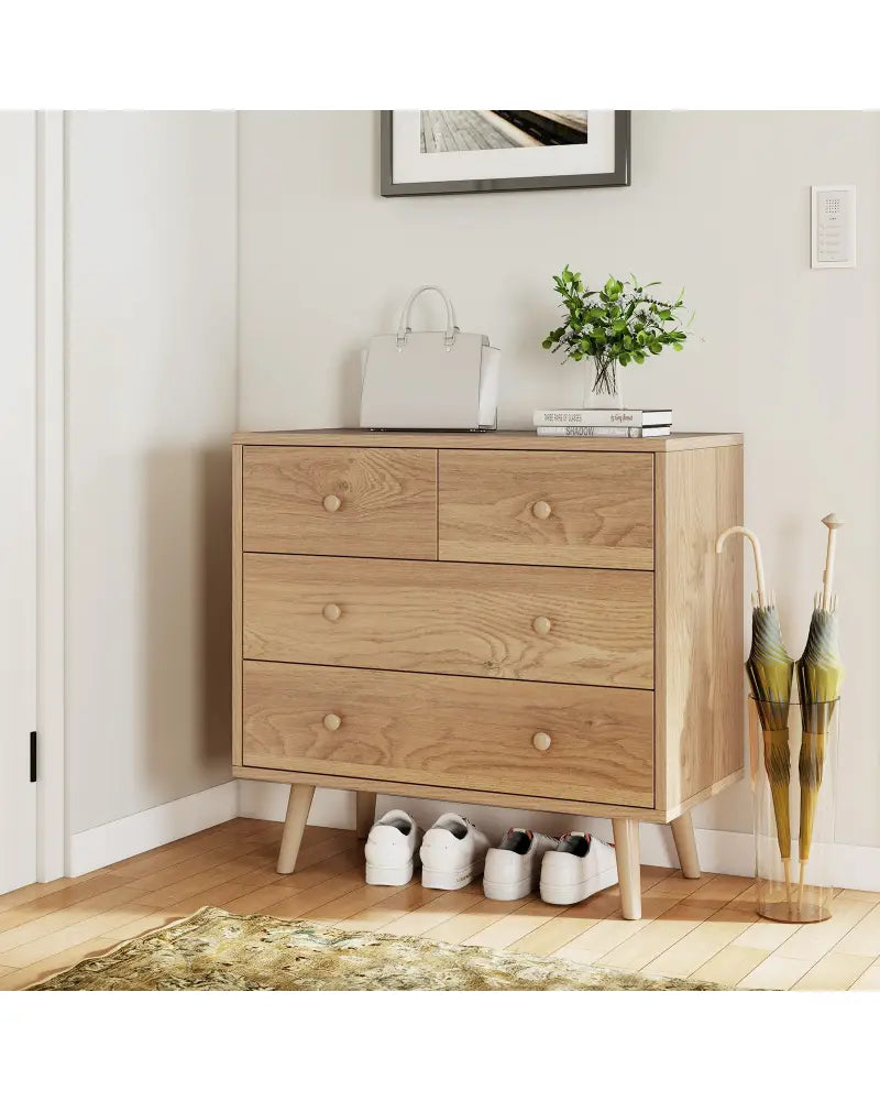 Wide Wooden Dresser with 4 Drawers for Bedroom Living Room-Natural - Natural - Dressers & Chests