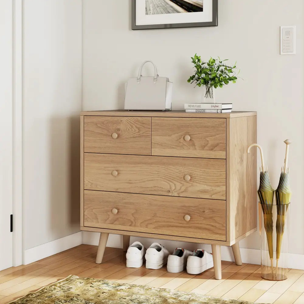 Wide Wooden Dresser with 4 Drawers for Bedroom Living Room-Natural - Natural - Dressers & Chests
