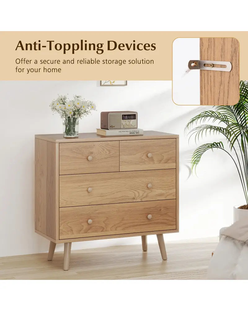 Wide Wooden Dresser with 4 Drawers for Bedroom Living Room-Natural - Natural - Dressers & Chests