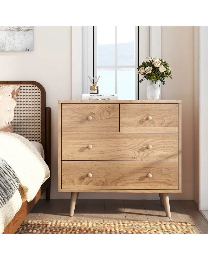 Wide Wooden Dresser with 4 Drawers for Bedroom Living Room-Natural - Natural - Dressers & Chests