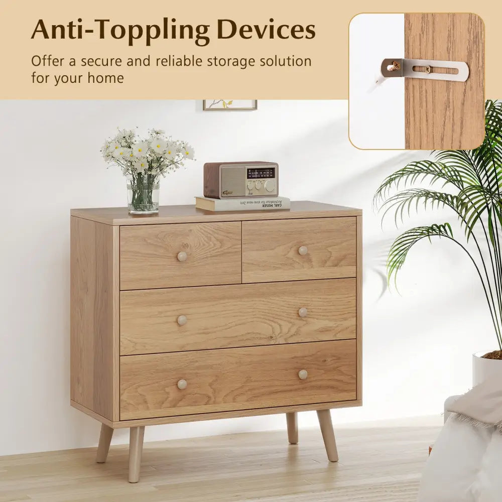 Wide Wooden Dresser with 4 Drawers for Bedroom Living Room-Natural - Natural - Dressers & Chests