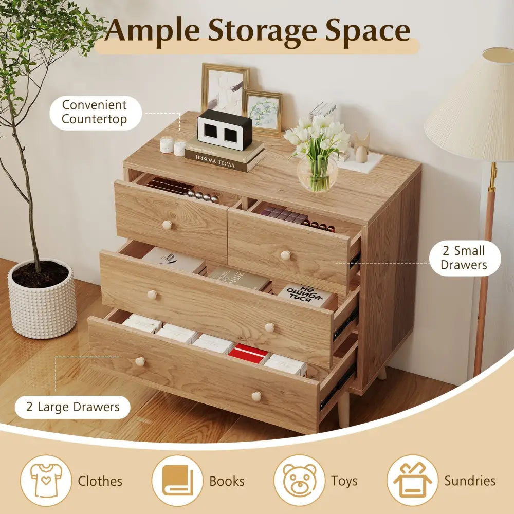 Wide Wooden Dresser with 4 Drawers for Bedroom Living Room-Natural - Natural - Dressers & Chests