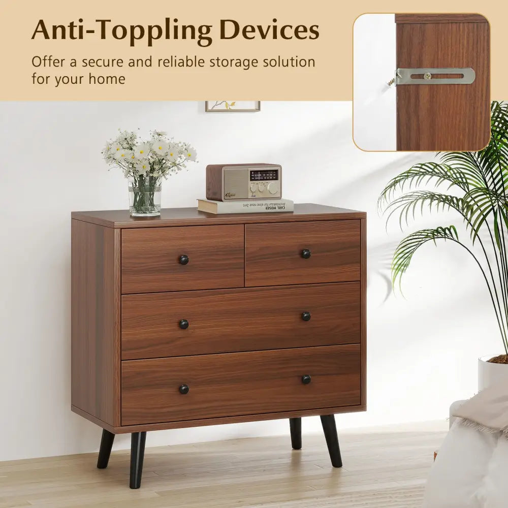 Wide Wooden Dresser with 4 Drawers for Bedroom Living Room-Walnut - Walnut - Dressers & Chests