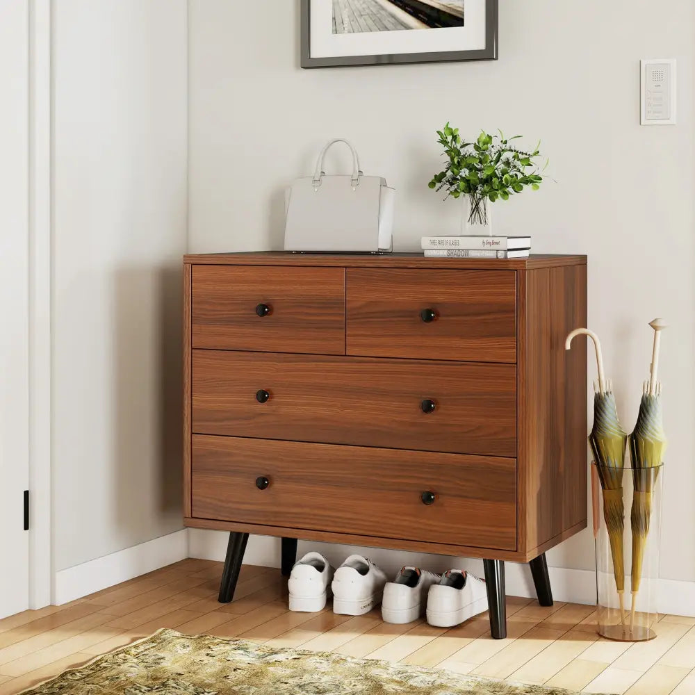 Wide Wooden Dresser with 4 Drawers for Bedroom Living Room-Walnut - Walnut - Dressers & Chests