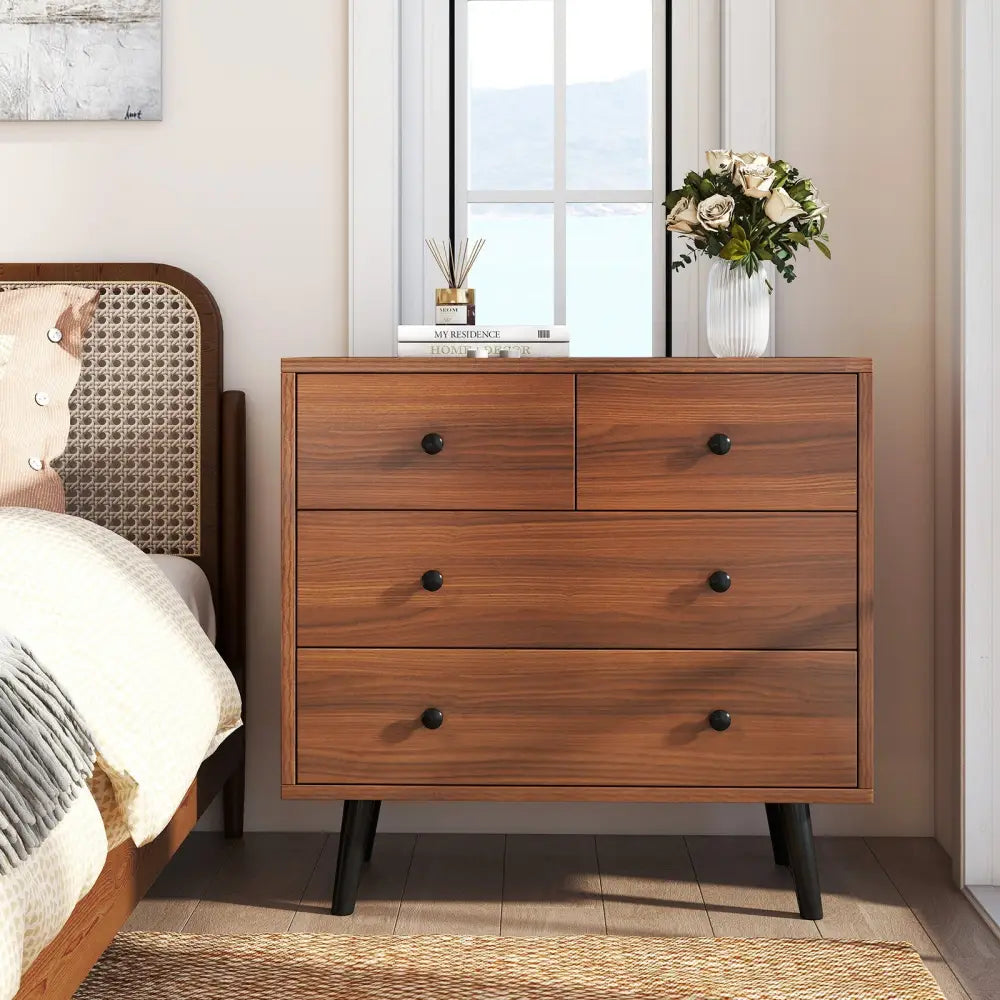 Wide Wooden Dresser with 4 Drawers for Bedroom Living Room-Walnut - Walnut - Dressers & Chests