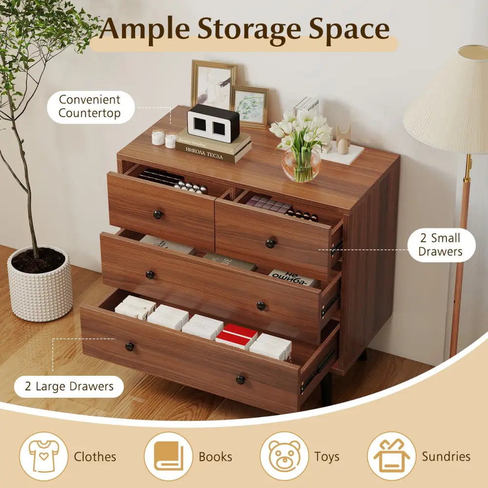 Wide Wooden Dresser with 4 Drawers for Bedroom Living Room-Walnut - Walnut - Dressers & Chests