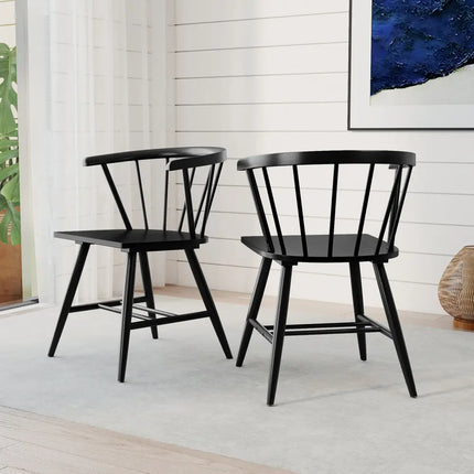 Windsor Dining Chair Set of 2 Mid-Century Modern Black Kitchen Chairs-Black - Black - Dining Chairs