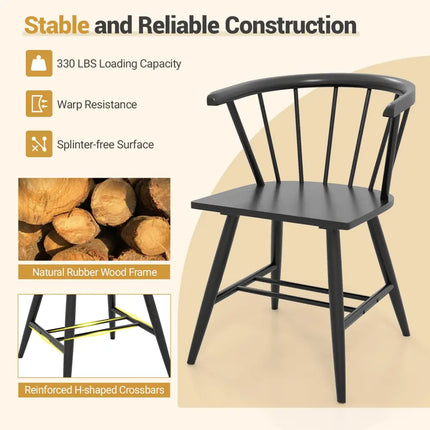 Windsor Dining Chair Set of 2 Mid-Century Modern Black Kitchen Chairs-Black - Black - Dining Chairs