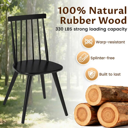 Windsor Dining Chair Set of 2 with Solid Rubber Wood Frame-Black - Black - Dining Chairs