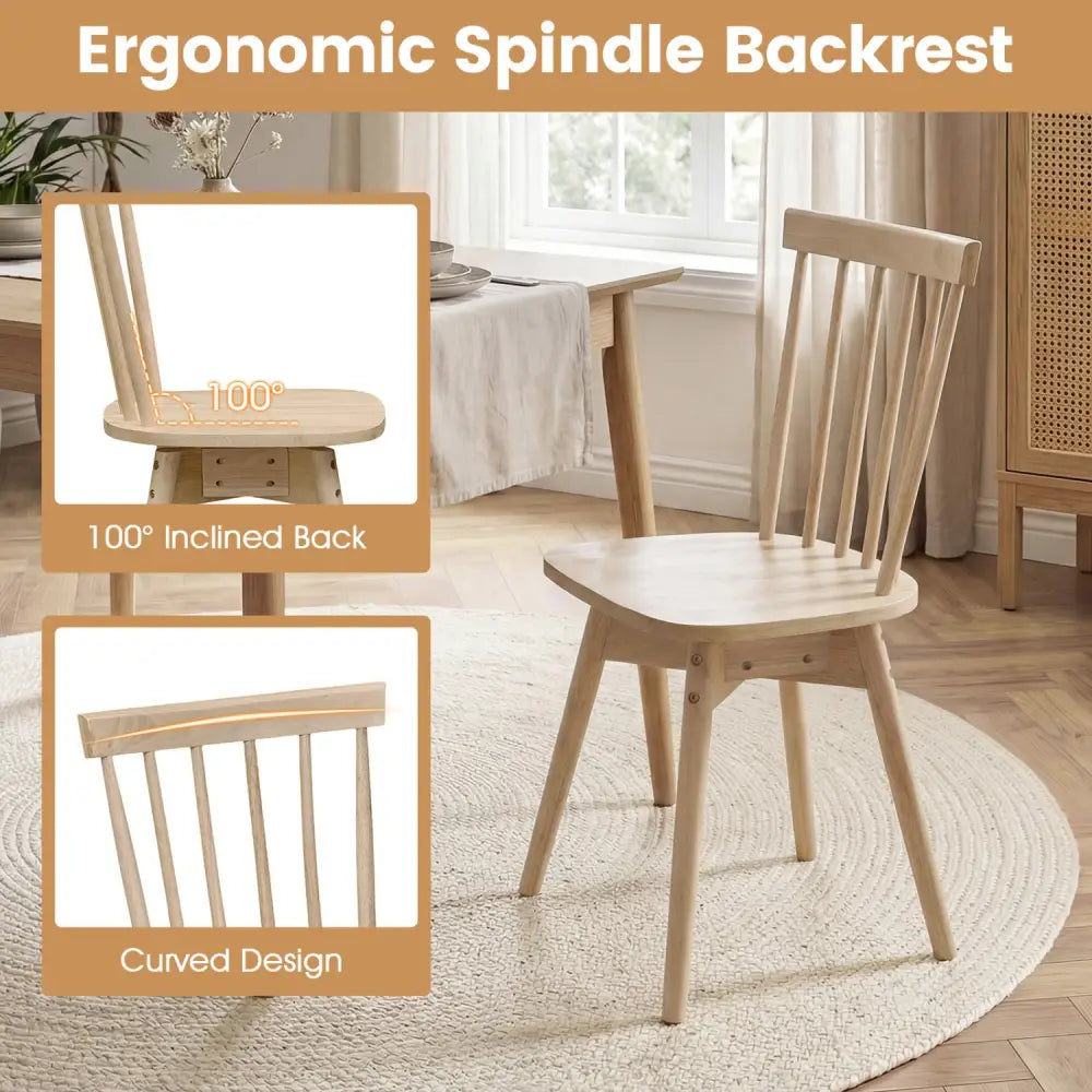 Windsor Dining Chairs Set of 2 Mid Century Rubber Wood Kitchen Chairs with Swivel Seat-Natural - Natural - Dining Chairs