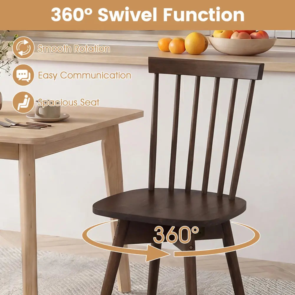 Windsor Dining Chairs Set of 2 Mid Century Rubber Wood Kitchen Chairs with Swivel Seat-Walnut - Walnut - Dining Chairs