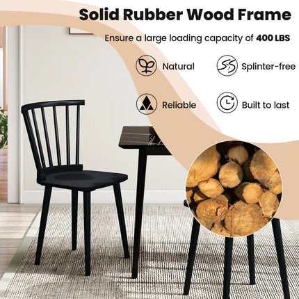 Windsor Dining Chairs Set of 2 Rubber Wood Kitchen Chairs with Spindle Back-Black - Black - Dining Chairs